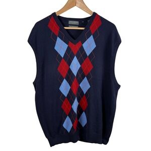 Lyle & Scott Mens Navy Red Argyle V-Neck Sweater Vest Size XL 100% Cotton Preppy